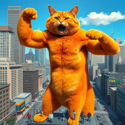 A gigantic orange bodybuilder cat towering over city buildings, flexing its muscles and shouting playfully at tiny people below