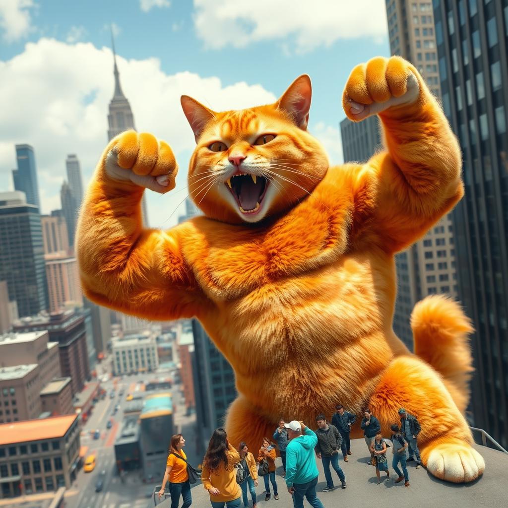 A gigantic orange bodybuilder cat towering over city buildings, flexing its muscles and shouting playfully at tiny people below