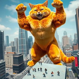 A gigantic orange bodybuilder cat towering over city buildings, flexing its muscles and shouting playfully at tiny people below