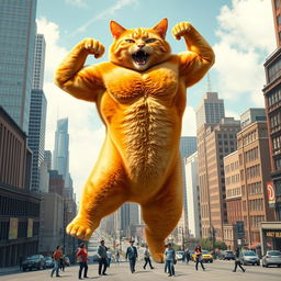 A gigantic orange bodybuilder cat towering over city buildings, flexing its muscles and shouting playfully at tiny people below