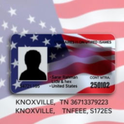 A realistic USA ID card design featuring the name 'Sarar Rahman', with a background showing a subtle pattern of the American flag