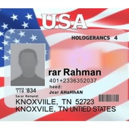 A realistic USA ID card design featuring the name 'Sarar Rahman', with a background showing a subtle pattern of the American flag