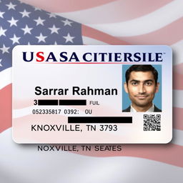 A realistic USA ID card design featuring the name 'Sarar Rahman', with a background showing a subtle pattern of the American flag