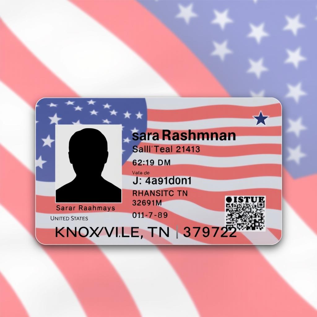 A realistic USA ID card design featuring the name 'Sarar Rahman', with a background showing a subtle pattern of the American flag