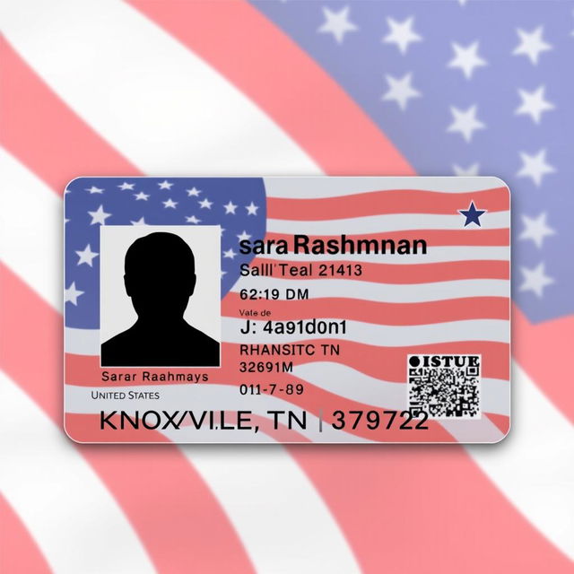 A realistic USA ID card design featuring the name 'Sarar Rahman', with a background showing a subtle pattern of the American flag
