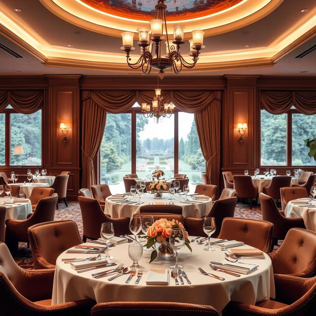 An opulent interior of a luxurious restaurant, featuring elegant round tables adorned with white tablecloths, polished silverware, and delicate floral centerpieces