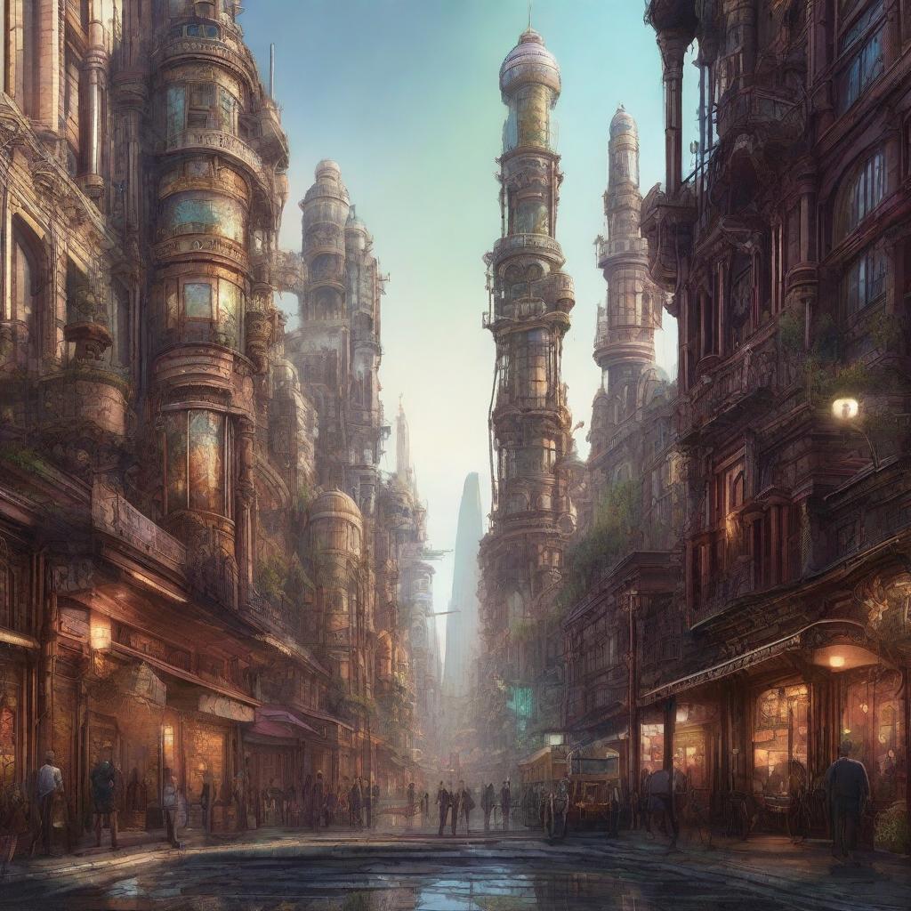 A high-quality digital art piece that presents a split view of a Steampunk city and a Cyberpunk city, each filled with intricate details that capture the essence of their respective genres