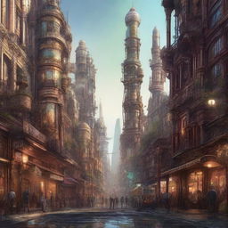 A high-quality digital art piece that presents a split view of a Steampunk city and a Cyberpunk city, each filled with intricate details that capture the essence of their respective genres