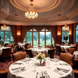 An opulent interior of a luxurious restaurant, featuring elegant round tables adorned with white tablecloths, polished silverware, and delicate floral centerpieces