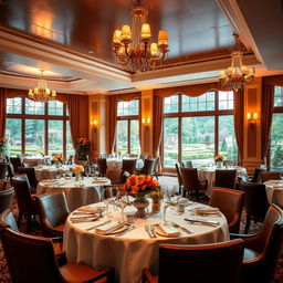 An opulent interior of a luxurious restaurant, featuring elegant round tables adorned with white tablecloths, polished silverware, and delicate floral centerpieces