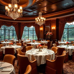 An opulent interior of a luxurious restaurant, featuring elegant round tables adorned with white tablecloths, polished silverware, and delicate floral centerpieces