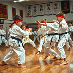 A dynamic action scene featuring skilled young boys practicing karate in a dojo