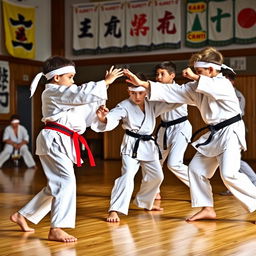 A dynamic action scene featuring skilled young boys practicing karate in a dojo