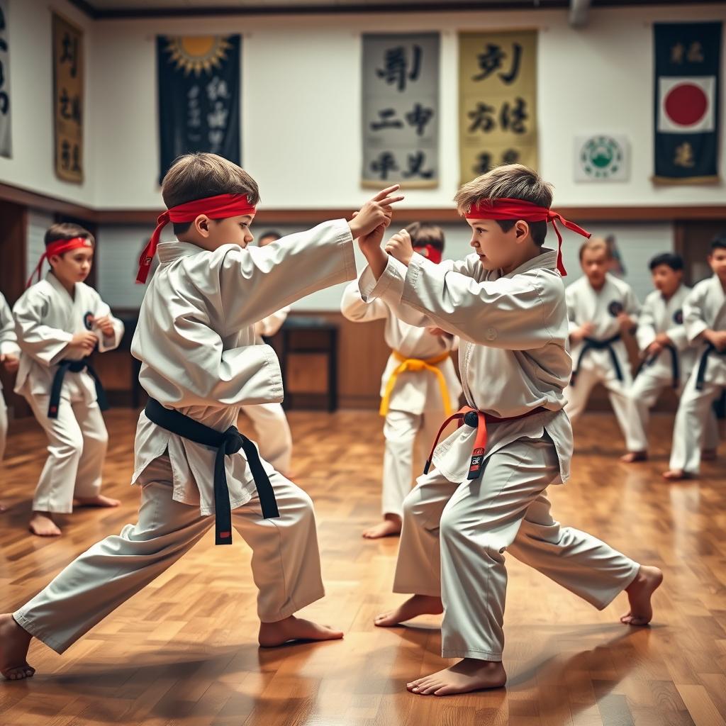 A dynamic action scene featuring skilled young boys practicing karate in a dojo