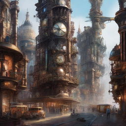 A high-quality digital art piece that presents a split view of a Steampunk city and a Cyberpunk city, each filled with intricate details that capture the essence of their respective genres