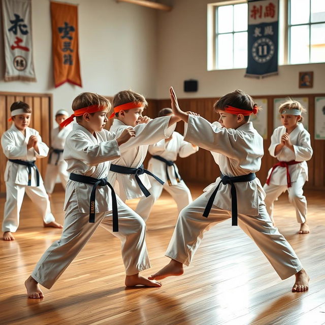 A dynamic action scene featuring skilled young boys practicing karate in a dojo