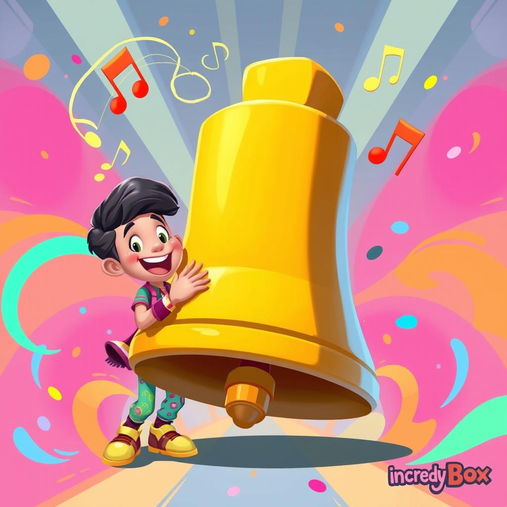 A playful 2D illustration of a person enthusiastically playing on a large bell, inspired by the vibrant art style of the game IncredyBox