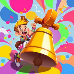 A playful 2D illustration of a person enthusiastically playing on a large bell, inspired by the vibrant art style of the game IncredyBox