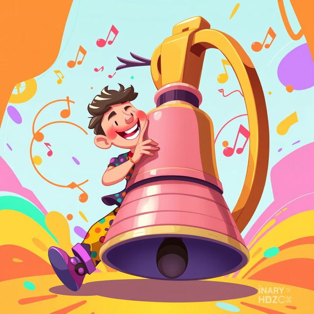 A playful 2D illustration of a person enthusiastically playing on a large bell, inspired by the vibrant art style of the game IncredyBox
