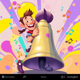 A playful 2D illustration of a person enthusiastically playing on a large bell, inspired by the vibrant art style of the game IncredyBox