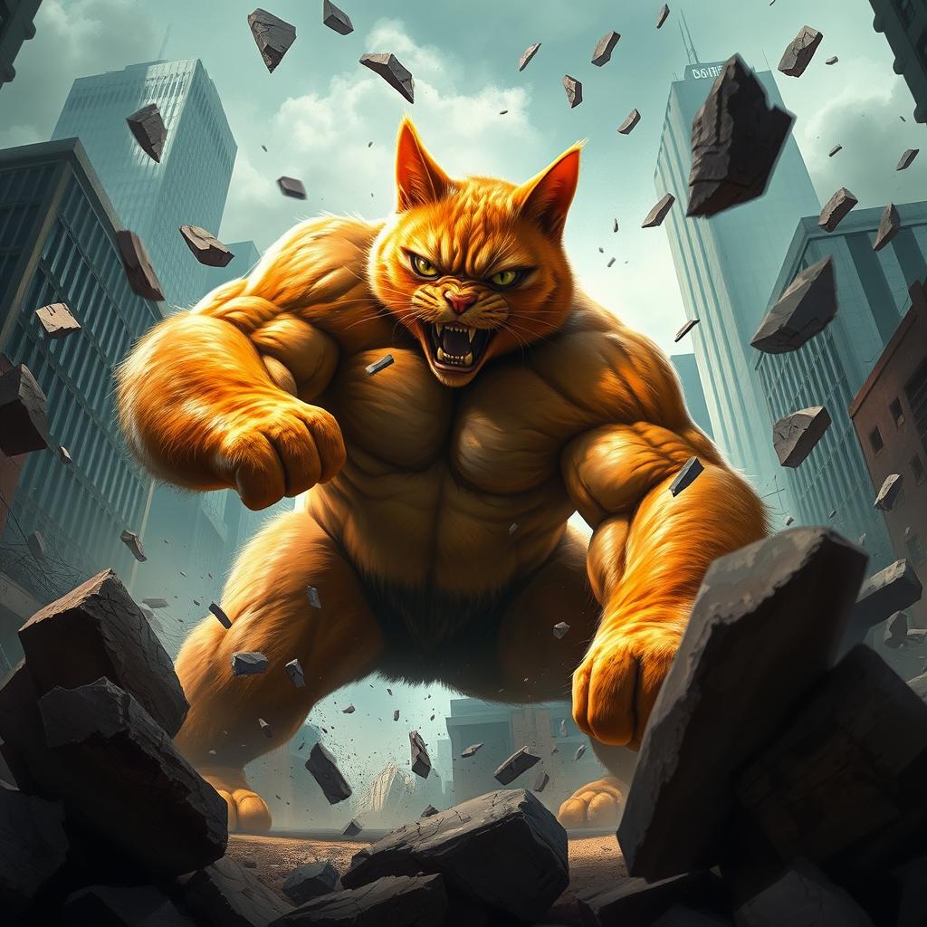 A big orange bodybuilder cat, muscly and with an intense expression, battling a massive gorilla amidst the ruins of broken buildings