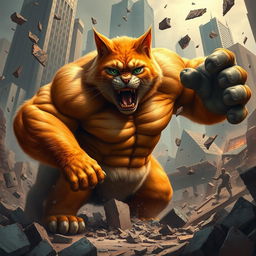 A big orange bodybuilder cat, muscly and with an intense expression, battling a massive gorilla amidst the ruins of broken buildings