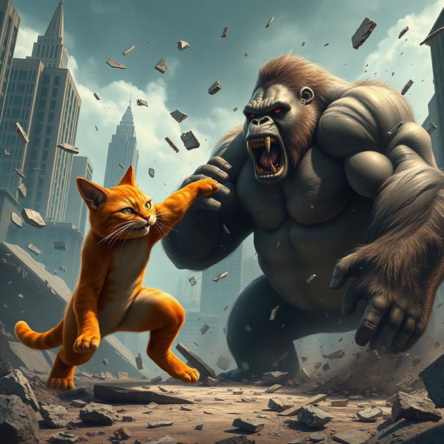 A big orange bodybuilder cat, muscly and with an intense expression, battling a massive gorilla amidst the ruins of broken buildings