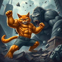 A big orange bodybuilder cat, muscly and with an intense expression, battling a massive gorilla amidst the ruins of broken buildings
