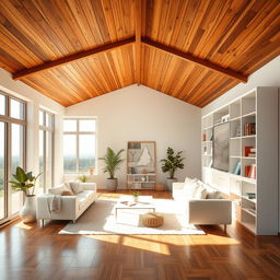 A cozy and modern interior room featuring a wooden ceiling, filled with warm, natural light