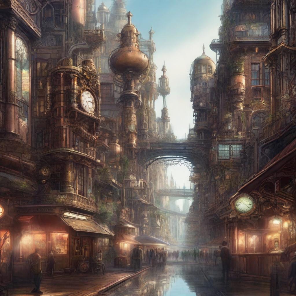 A high-quality digital art piece that presents a split view of a Steampunk city and a Cyberpunk city, each filled with intricate details that capture the essence of their respective genres