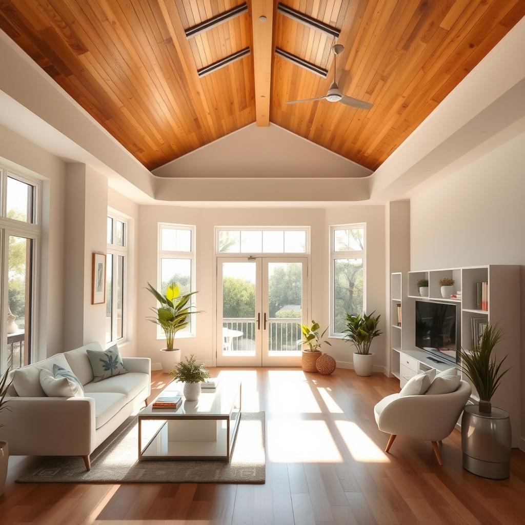 A cozy and modern interior room featuring a wooden ceiling, filled with warm, natural light