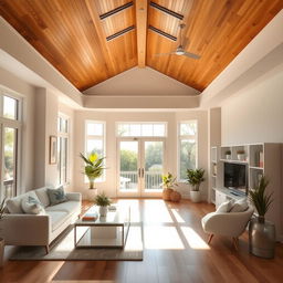 A cozy and modern interior room featuring a wooden ceiling, filled with warm, natural light