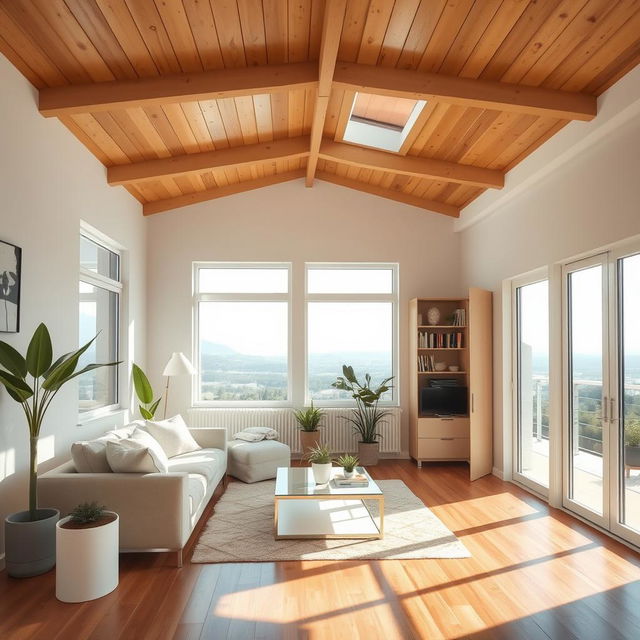 A cozy and modern interior room featuring a wooden ceiling, filled with warm, natural light