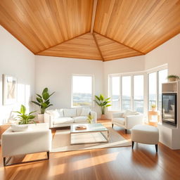 A cozy and modern interior room featuring a wooden ceiling, filled with warm, natural light