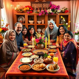 A warm and inviting scene of an Iranian family gathered around a beautifully arranged Haft Sin table to celebrate Nowruz