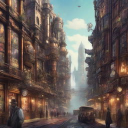 A high-quality digital art piece that presents a split view of a Steampunk city and a Cyberpunk city, each filled with intricate details that capture the essence of their respective genres