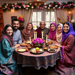 A warm and inviting scene of an Iranian family gathered around a beautifully arranged Haft Sin table to celebrate Nowruz