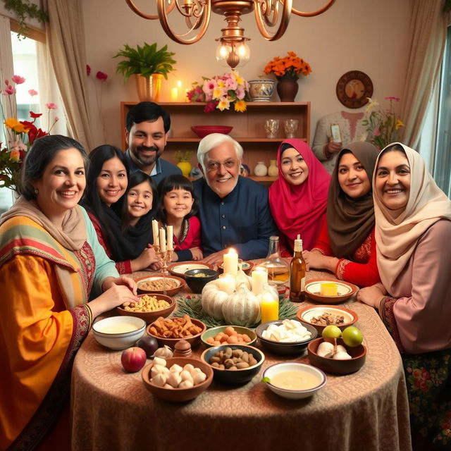 A warm and inviting scene of an Iranian family gathered around a beautifully arranged Haft Sin table to celebrate Nowruz