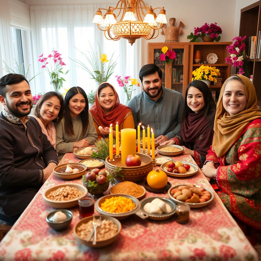A warm and inviting scene of an Iranian family gathered around a beautifully arranged Haft Sin table to celebrate Nowruz
