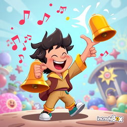 A playful 2D illustration of a person joyfully holding a bell in one hand and striking it to make music, inspired by the vibrant art style of the game IncredyBox