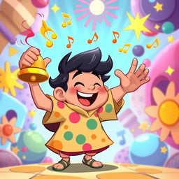 A playful 2D illustration of a person joyfully holding a bell in one hand and striking it to make music, inspired by the vibrant art style of the game IncredyBox