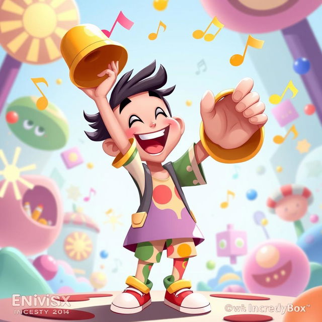 A playful 2D illustration of a person joyfully holding a bell in one hand and striking it to make music, inspired by the vibrant art style of the game IncredyBox