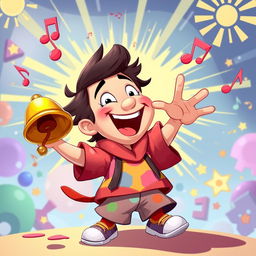 A playful 2D illustration of a person joyfully holding a bell in one hand and striking it to make music, inspired by the vibrant art style of the game IncredyBox