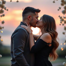 A romantic couple sharing an intimate kiss, their eyes closed and smiles visible, surrounded by soft bokeh lights in a beautiful outdoor setting