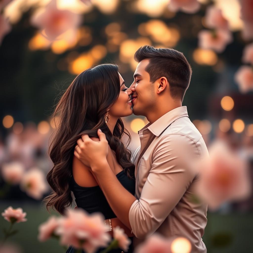 A romantic couple sharing an intimate kiss, their eyes closed and smiles visible, surrounded by soft bokeh lights in a beautiful outdoor setting