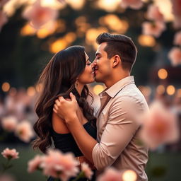 A romantic couple sharing an intimate kiss, their eyes closed and smiles visible, surrounded by soft bokeh lights in a beautiful outdoor setting
