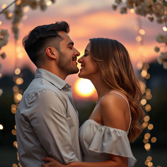 A romantic couple sharing an intimate kiss, their eyes closed and smiles visible, surrounded by soft bokeh lights in a beautiful outdoor setting