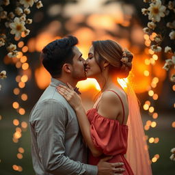 A romantic couple sharing an intimate kiss, their eyes closed and smiles visible, surrounded by soft bokeh lights in a beautiful outdoor setting