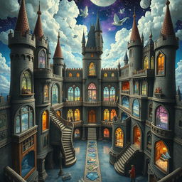 A surreal and intricate mental fortress, showcasing various rooms representing different thoughts and emotions