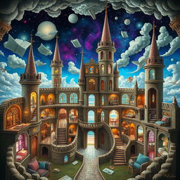 A surreal and intricate mental fortress, showcasing various rooms representing different thoughts and emotions